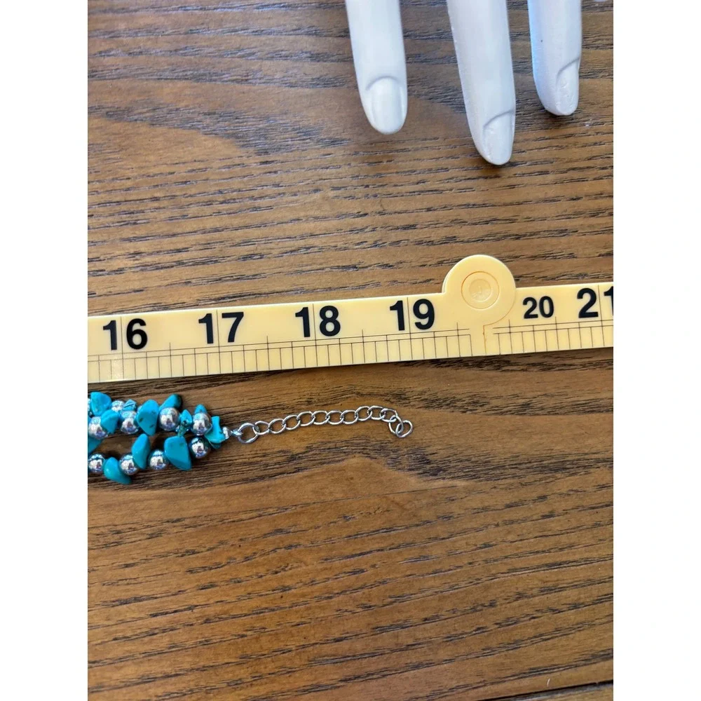 Boho Turquoise Chip Multi Strand Statement Necklace Silver Tone Teardrop Pendant